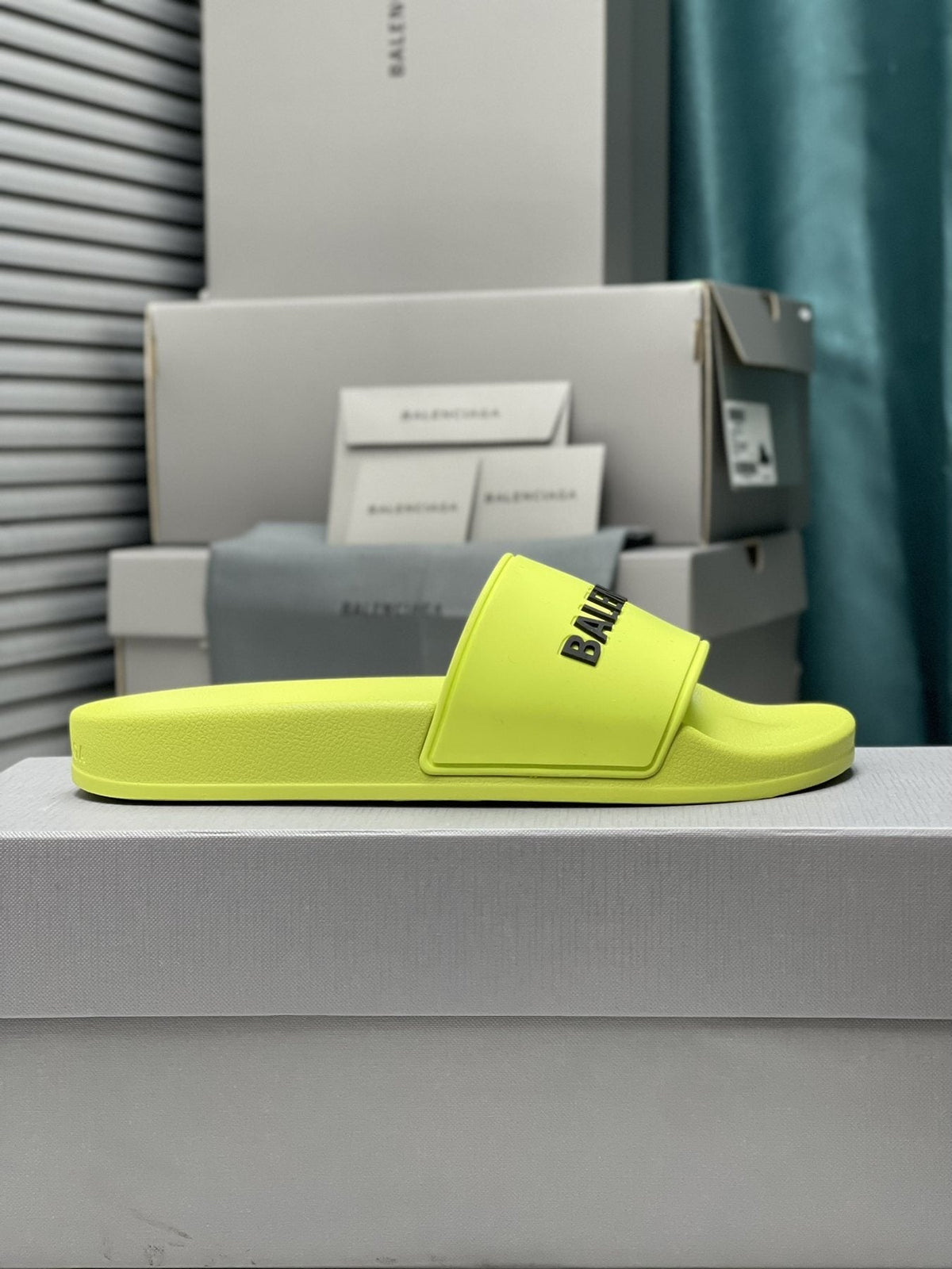 Balenciaga Neon Yellow-Green Slide Sandals — side